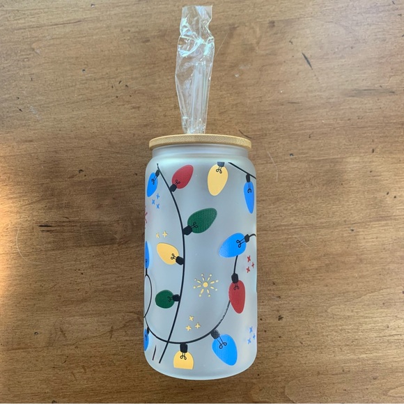 Other - Holiday Lights Glass Drinking Cup with Straw and Bamboo Lid